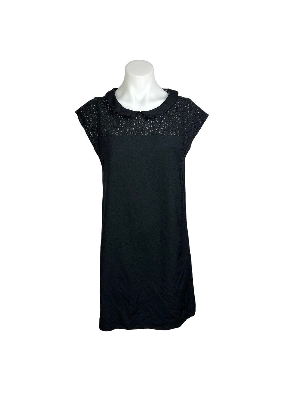 Monoprix Femme Black Cap Sleeve Floral Lace Eyelet Collared Mini Shift Dress 8